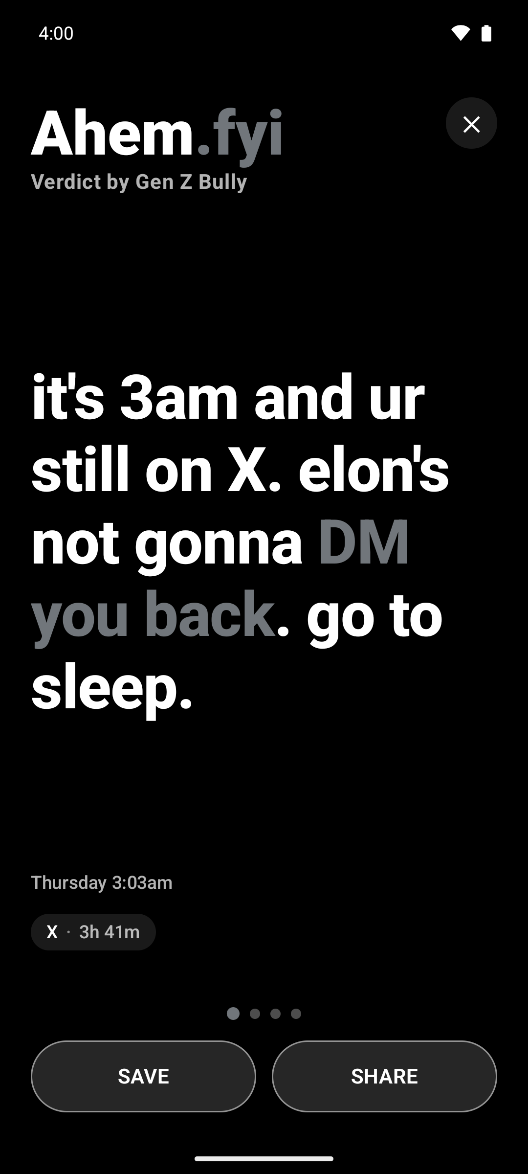 Ahem Android app screenshot showing a roast about scrolling X at 3 a.m.