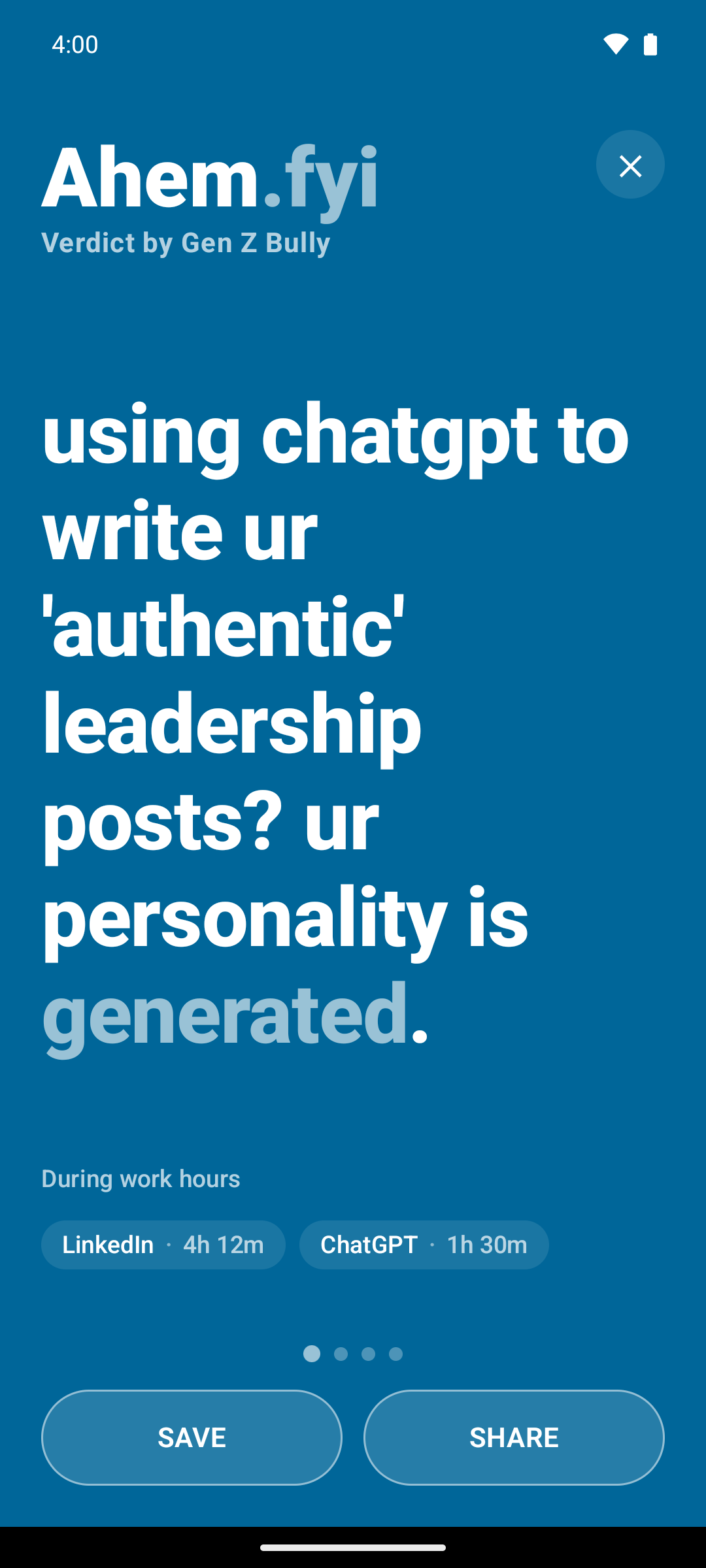 Ahem Android app screenshot showing a roast about using AI to write leadership posts.