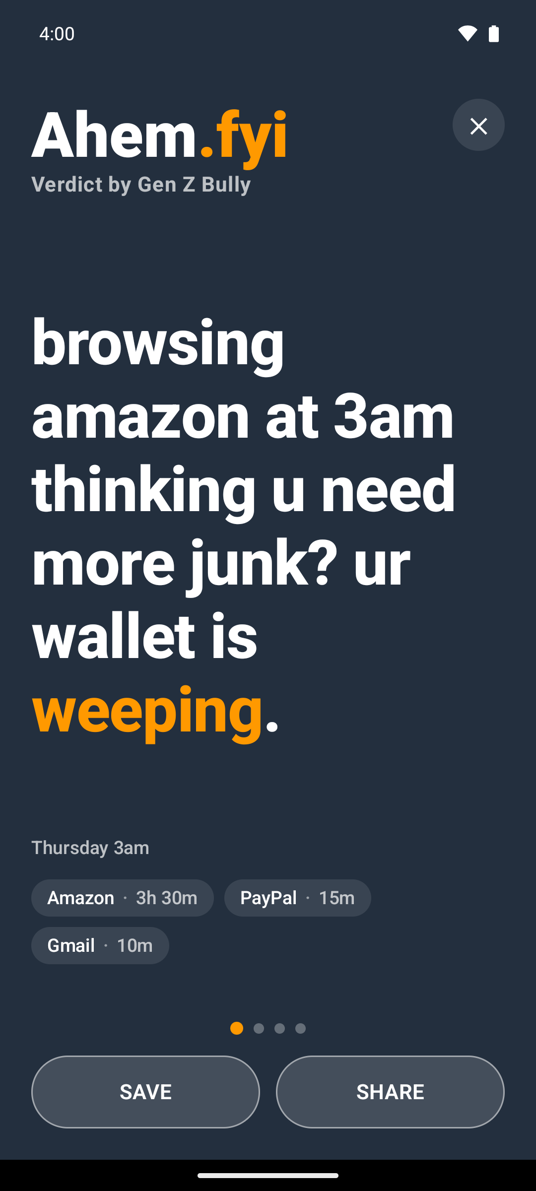 Ahem Android app screenshot showing a roast about browsing Amazon at 3 a.m.