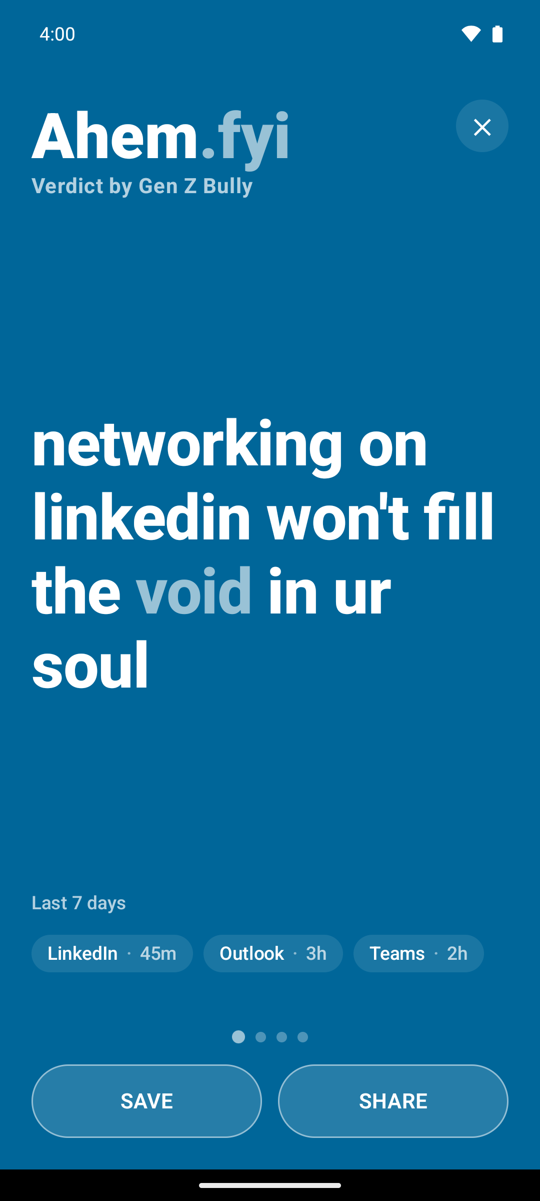 Ahem Android app screenshot showing a phone usage roast about LinkedIn networking.