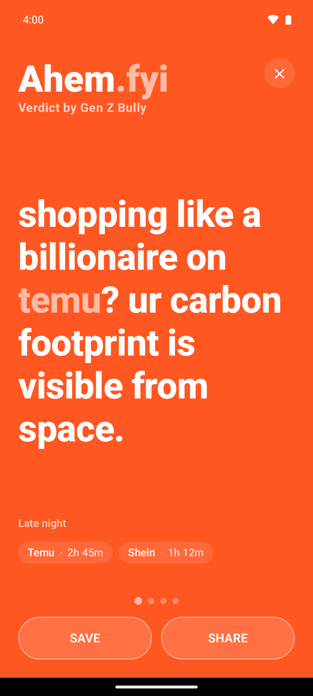 Ahem Android app screenshot showing a roast about Temu shopping and overconsumption.